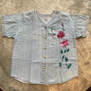 Vintage Hand Painted Hummingbird Facade Denim Button Up Short Sleeve Shirt Large